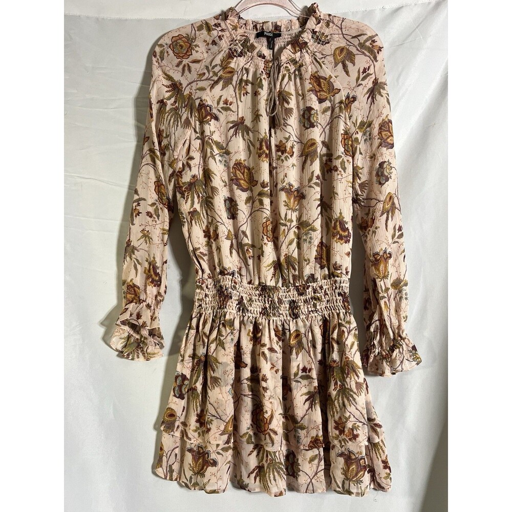 Paige Lemay Silk Dress S Old Rose Covert Green Floral Ruffle Mini Boho V-Neck